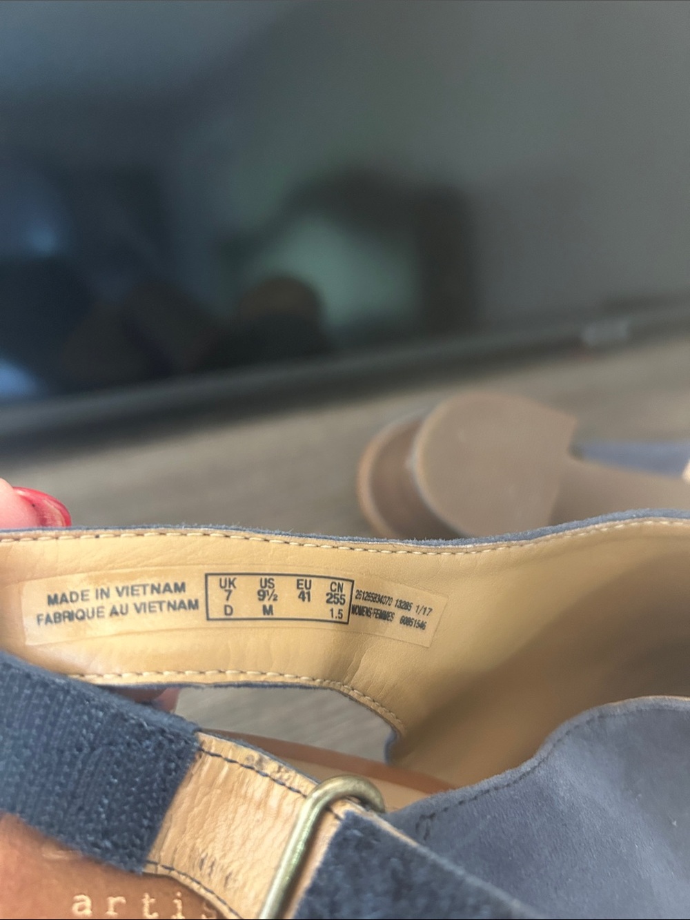 Clarks Tri-Panel Suede Slingback Sandals - Navy, Tan, Brown - Picture 4 of 5